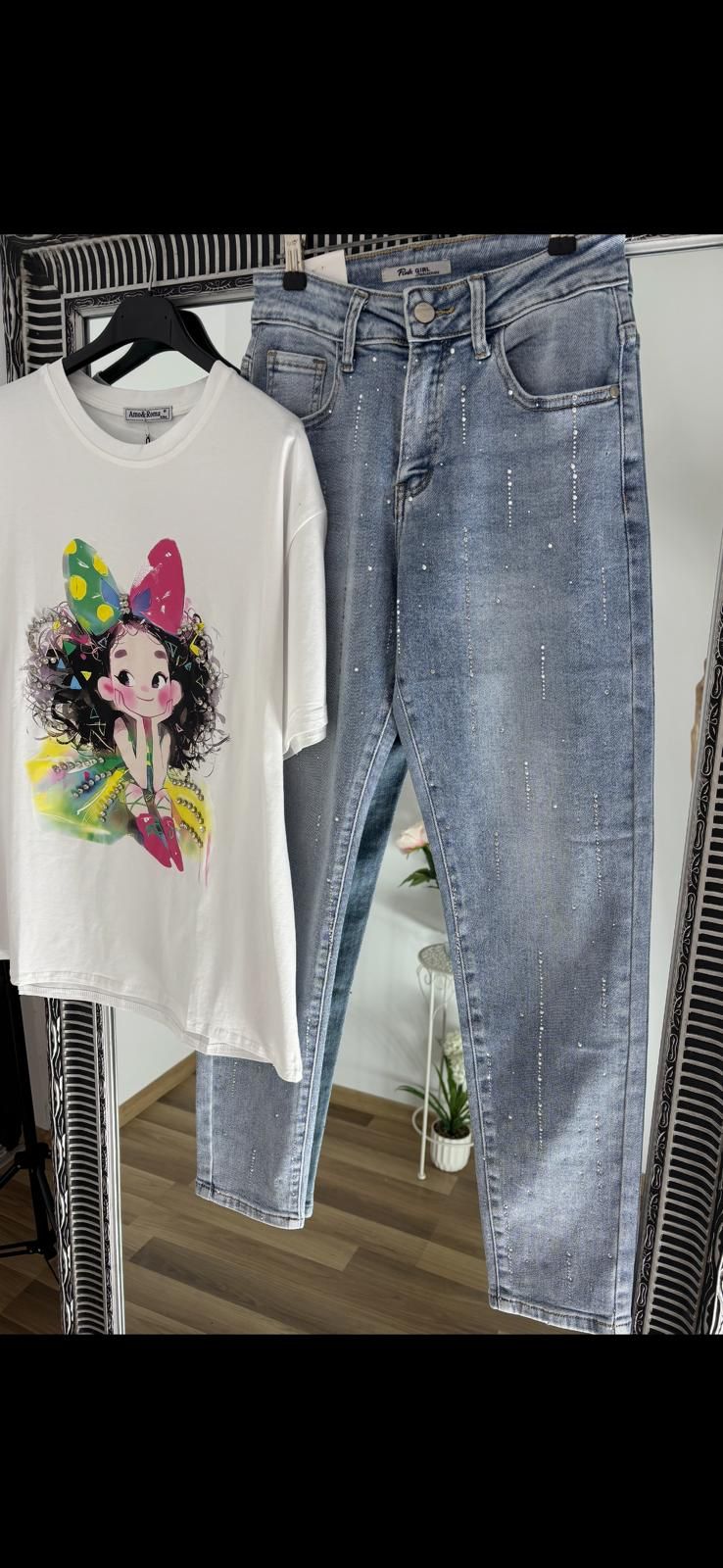 Blugi Mom Fit cu talie medie și detalii strălucitoare - current